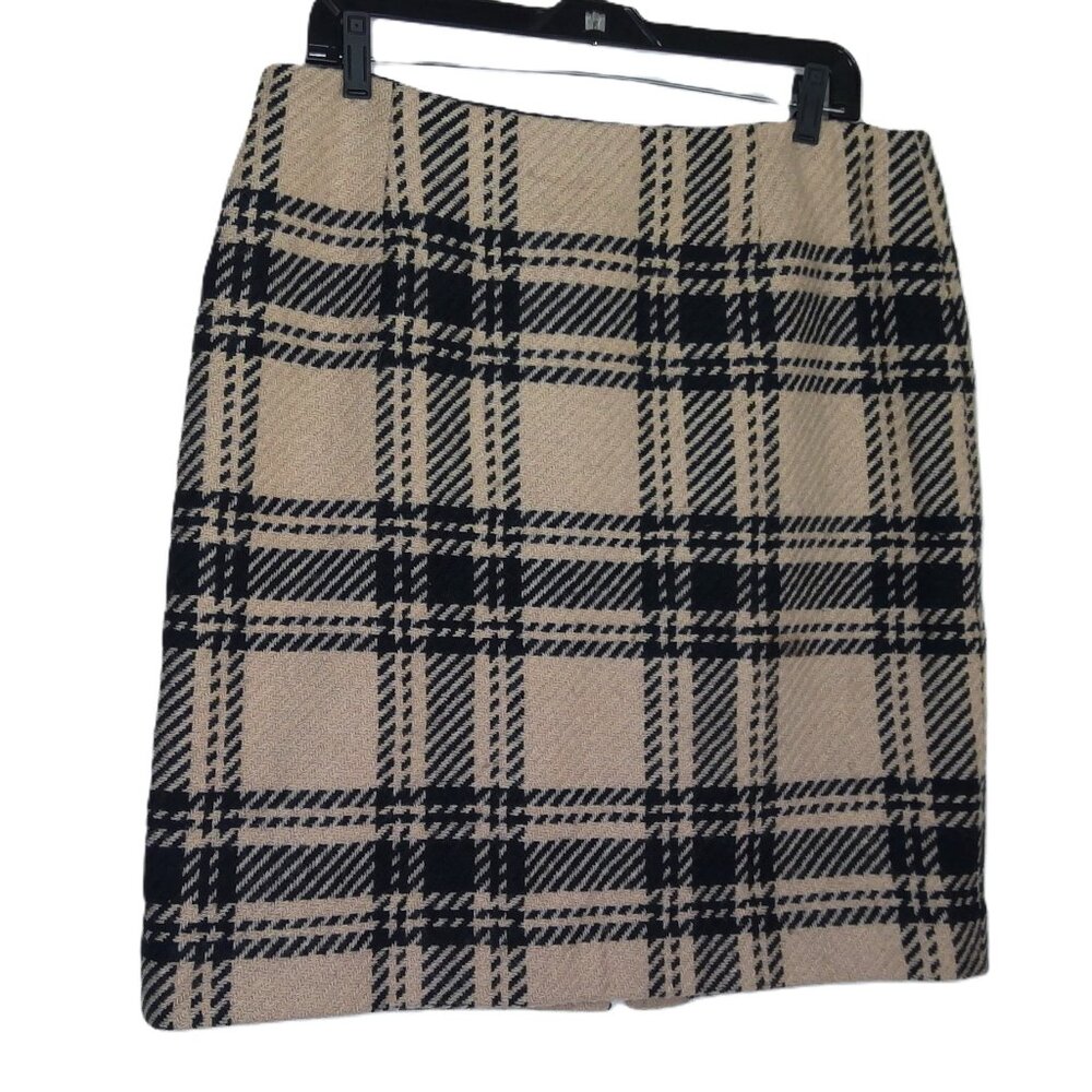Ann Taylor LOFT Petites Wool Blend Skirt Plaid Houndstooth Black & Tan EUC  14P